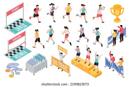 Isometric marathon icons set with running males and girls isolated vector illustration