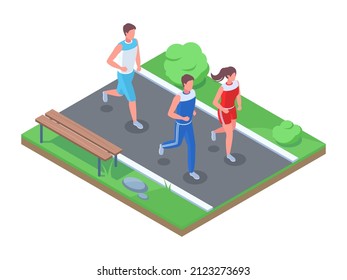 Isometric marathon race, people jogging, running in park. Female and male running characters vector illustration set. Adult people sprint around city park. Runners participating in competition