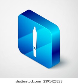 Articulación de marihuana isométrica, icono de separación aislado en fondo gris. Cigarrillo con droga, cigarrillo de marihuana enrollado. Botón cuadrado azul. Ilustración vectorial