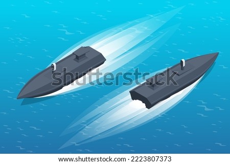 Isometric maritime surface military drones can be controlled both manually using onboard television cameras and remotely via a satellite channel.