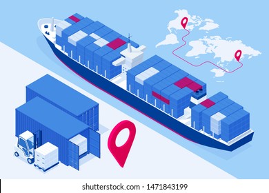 Isometric Maritime transport logistics concept. Ship cargo delivery or boat shipping containers and parcel boxes. Import export business logistic, transportation of international by container cargo.