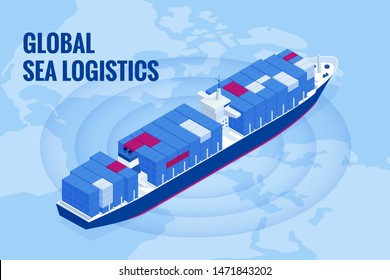 Isometric Maritime Transport Logistics Concept. Ship Cargo Delivery Or Boat Shipping Containers And Parcel Boxes. Import Export Business Logistic, Transportation Of International By Container Cargo.