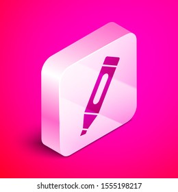 Isometric Marker pen icon isolated on pink background. Silver square button. Vector Illustration