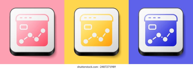 Isometric Market analysis icon isolated on pink, yellow and blue background. Report text file icon. Accounting sign. Audit, analysis, planning. Square button. Vector