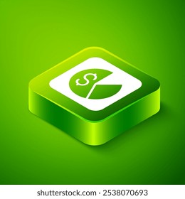 Icono de análisis de mercado isométrico aislado sobre fondo verde. Icono de archivo de texto de informe. Signo contable. Auditoría, análisis, planificación. Botón cuadrado verde. Vector