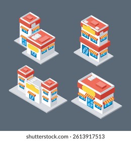 Isometric Market Building Collection Set in isolated background