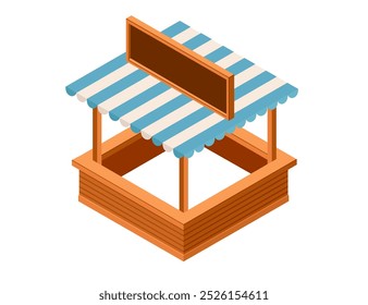 Banca de mercado isométrica com toldo azul e balcão de madeira. Excelente para ilustrar mercados ao ar livre locais, barracas de comida de rua ou configurações do fornecedor. Ilustração vetorial isolada em branco.