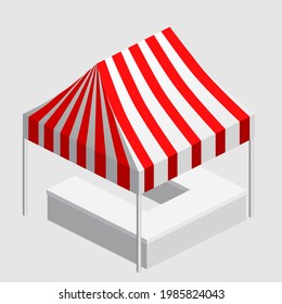 Isometric market stall, tent. Street awning canopy kiosk, counter, white red strings for fair, street food, market, grocery goods. Vector isolated