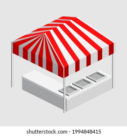 Isometric market stall, tent. Street awning canopy kiosk, counter, white red strings for fair, street food, market, grocery goods. Vector isolated