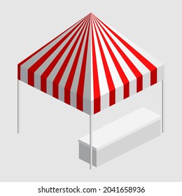 Isometric market stall, tent. Street awning canopy kiosk, counter, white red strings for fair, street food, market, grocery goods. Vector isolated