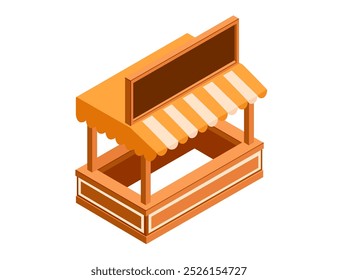 Bandeja de mercado isométrica com toldo listrado amarelo-e-branco e contador de exposição. Loja vazia com sinal. Ilustração vetorial isolada sobre fundo branco.