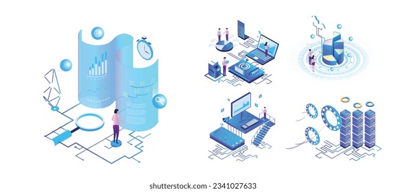 Isometrisches Marketing: Big Data, Data Analysis, Pie Chart-Infografik, Seo-Analyse
