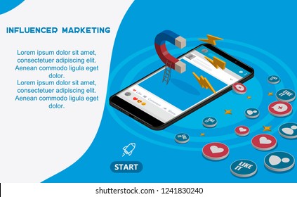Isometric marketing concept with magnet, phone likes and hearts.
