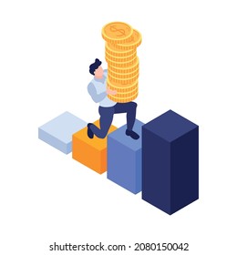 Isometric marketing strategy business composition of male character stepping up bar chart stairs carrying stack of coins vector illustration