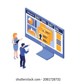 Isometric marketing strategy business composition of isolated computer screen with human characters on blank background vector illustration