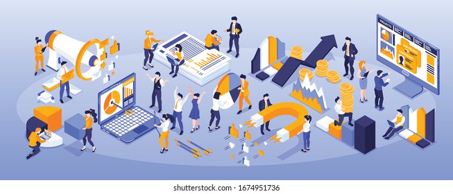 Isometric Marketing Strategy Narrow Composition With Human Characters And Diagram Graph Elements With Magnets And Computers Vector Illustration