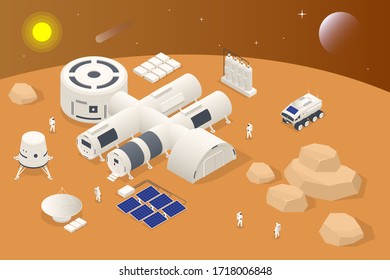Isometric Mars Colonization, Biological terraforming, Paraterraforming, Adapting humans on Mars. Astronautics, space technology. Communication Center with Residential Compartments, Base Infrastructure
