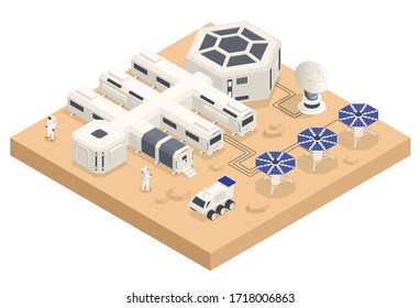 Isometric Mars Colonization, Biological terraforming, Paraterraforming, Adapting humans on Mars. Astronautics, space technology. Communication Center with Residential Compartments, Base Infrastructure