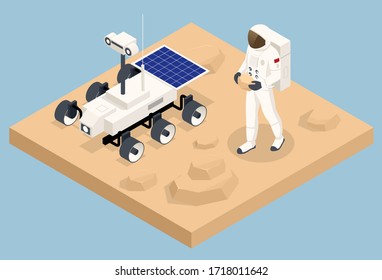Isometric Mars Colonization, Biological terraforming, Paraterraforming, Adapting humans on Mars. Exploration of Mars. Astronaut on Mars and the rover. Study of soil and atmosphere.