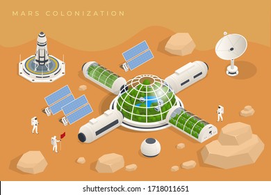 Isometric Mars Colonization, Biological Terraforming, Paraterraforming, Adapting Humans On Mars. Astronautics And Space Technology. Geo Capsyles.