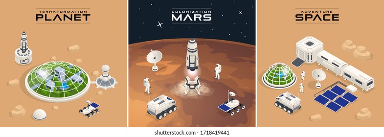 Isometric Mars Colonization, Biological terraforming, Paraterraforming, Adapting humans on Mars. Astronautics, space technology. Communication Center with Residential Compartments, Base Infrastructure