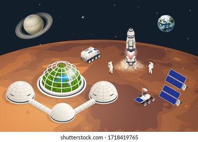 Isometric Mars Colonization, Biological terraforming, Paraterraforming, Adapting humans on Mars. Astronautics, space technology. Communication Center with Residential Compartments, Base Infrastructure