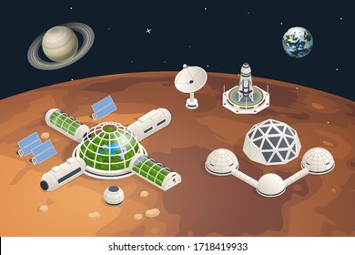 Isometrische Mars-Kolonisation, biologisches Terraforming, Paraterraforming, Anpassung der Menschen an den Mars. Astronautik, Raumfahrttechnik. Kommunikationszentrum mit Wohneinheiten, Basisinfrastruktur