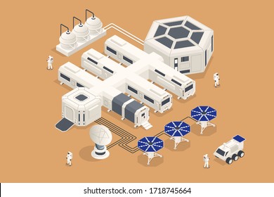 Isometrische Mars-Kolonisation, biologisches Terraforming, Paraterraforming, Anpassung der Menschen an den Mars. Astronautik, Raumfahrttechnik. Kommunikationszentrum mit Wohneinheiten, Basisinfrastruktur