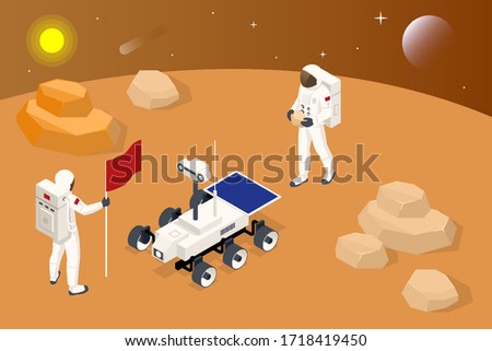 Isometric Mars Colonization, Biological terraforming, Paraterraforming, Adapting humans on Mars. Exploration of Mars. Astronaut on Mars and the rover. Study of soil and atmosphere.