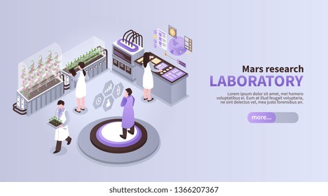 Isometric mars colonization color background with text learn more button and people in futuristic laboratory environment vector illustration