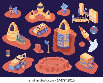 Isometric mars colonization color icon set scientists with discovery mission rockets and astronaut vector illustration