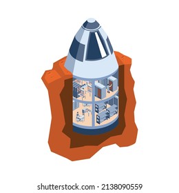 Isometric mars colonization composition with dug in living module of mars base with working people vector illustration