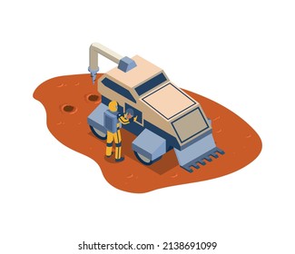 Isometric mars colonization composition with planetary surface and character of astronaut fixing rover vehicle vector illustration