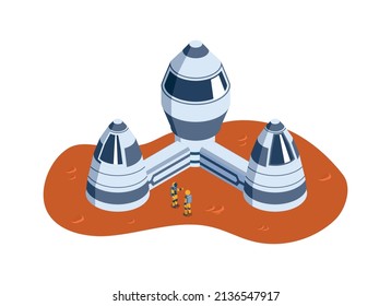Isometric mars colonization composition with view of extraterrestrial base buildings with astronauts on planetary surface vector illustration