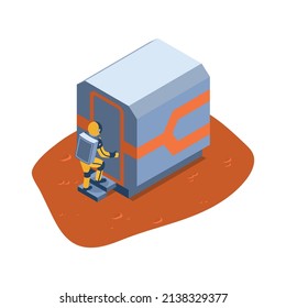 Isometric mars colonization composition with view of astronaut entering building unit on planetary surface vector illustration