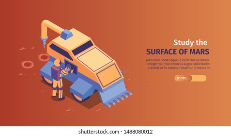 Isometric mars colonization horizontal banner with study the surface of mars headline and more button vector illustration