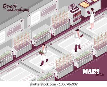 Isometric mars colonization laboratory composition with indoor view of laboratory with scientists test tubes and text vector illustration