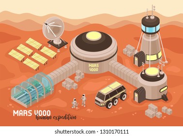 Isometric mars colonization landscape composition with text and martian terrain with extraterrestrial base buildings and people vector illustration