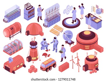 Isometric mars colonization set of isolated images with base station buildings people characters and scientific facilities vector illustration