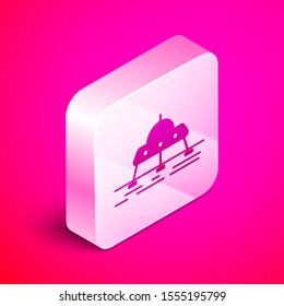 Isometric Mars rover icon isolated on pink background. Space rover. Moonwalker sign. Apparatus for studying planets surface. Silver square button. Vector Illustration