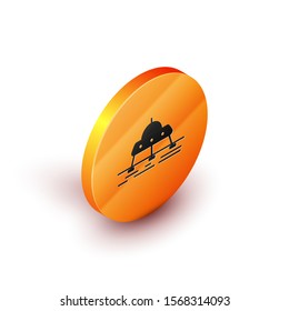 Isometric Mars rover icon isolated on white background. Space rover. Moonwalker sign. Apparatus for studying planets surface. Orange circle button. Vector Illustration