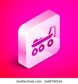 Isometric Mars rover icon isolated on pink background. Space rover. Moonwalker sign. Apparatus for studying planets surface. Silver square button. Vector Illustration