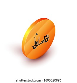 Isometric Mars rover icon isolated on white background. Space rover. Moonwalker sign. Apparatus for studying planets surface. Orange circle button. Vector Illustration