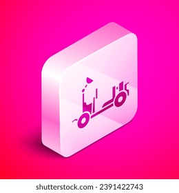 Isometric Mars rover icon isolated on pink background. Space rover. Moonwalker sign. Apparatus for studying planets surface. Silver square button. Vector Illustration