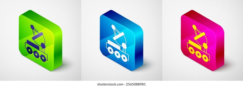 Isometric Mars rover icon isolated on grey background. Space rover. Moonwalker sign. Apparatus for studying planets surface. Square button. Vector