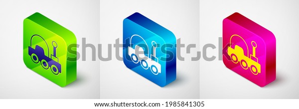 Isometric Mars rover icon isolated on grey\
background. Space rover. Moonwalker sign. Apparatus for studying\
planets surface. Square button.\
Vector
