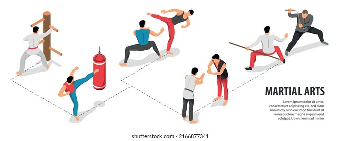 Isometric martial arts infographics with isolated human characters of fighting men with flowchart and editable text vector illustration