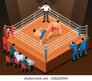 Composición de kickboxing de artes marciales isométricas con visión interior del árbitro de boxeo contra atletas árbitros y jueces ilustración vectorial