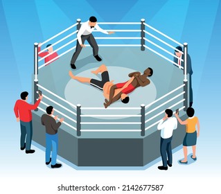 Mezcla de artes marciales isométricas composición de pelea con visión de anillo de boxeo de círculo con audiencia y boxeadores luchadores ilustración vectorial