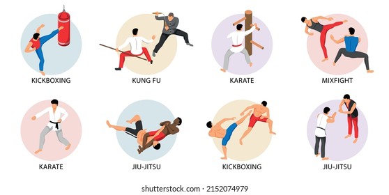 Isometric martial arts set of isolated round compositions with text captions and characters of sparring athletes vector illustration
